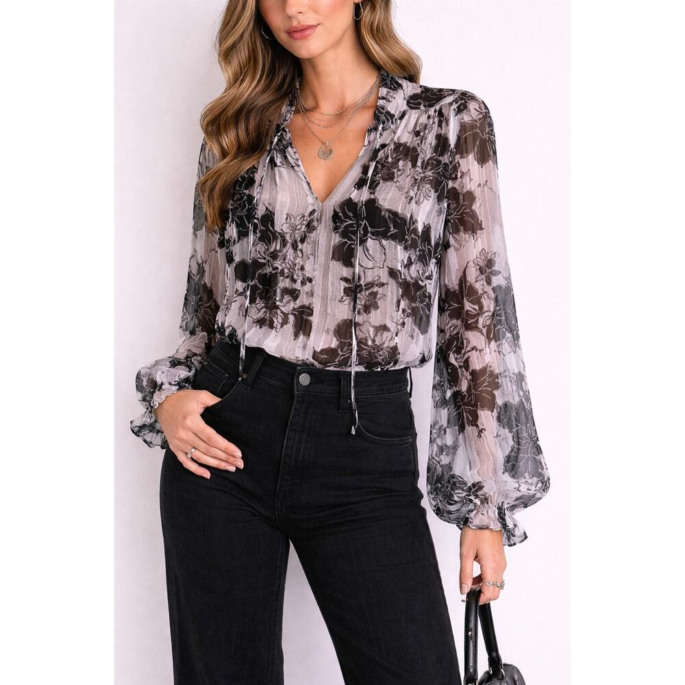 Joie Sheer Floral Blouse Size Small Black White Whimsigoth Romantic Boho Soft